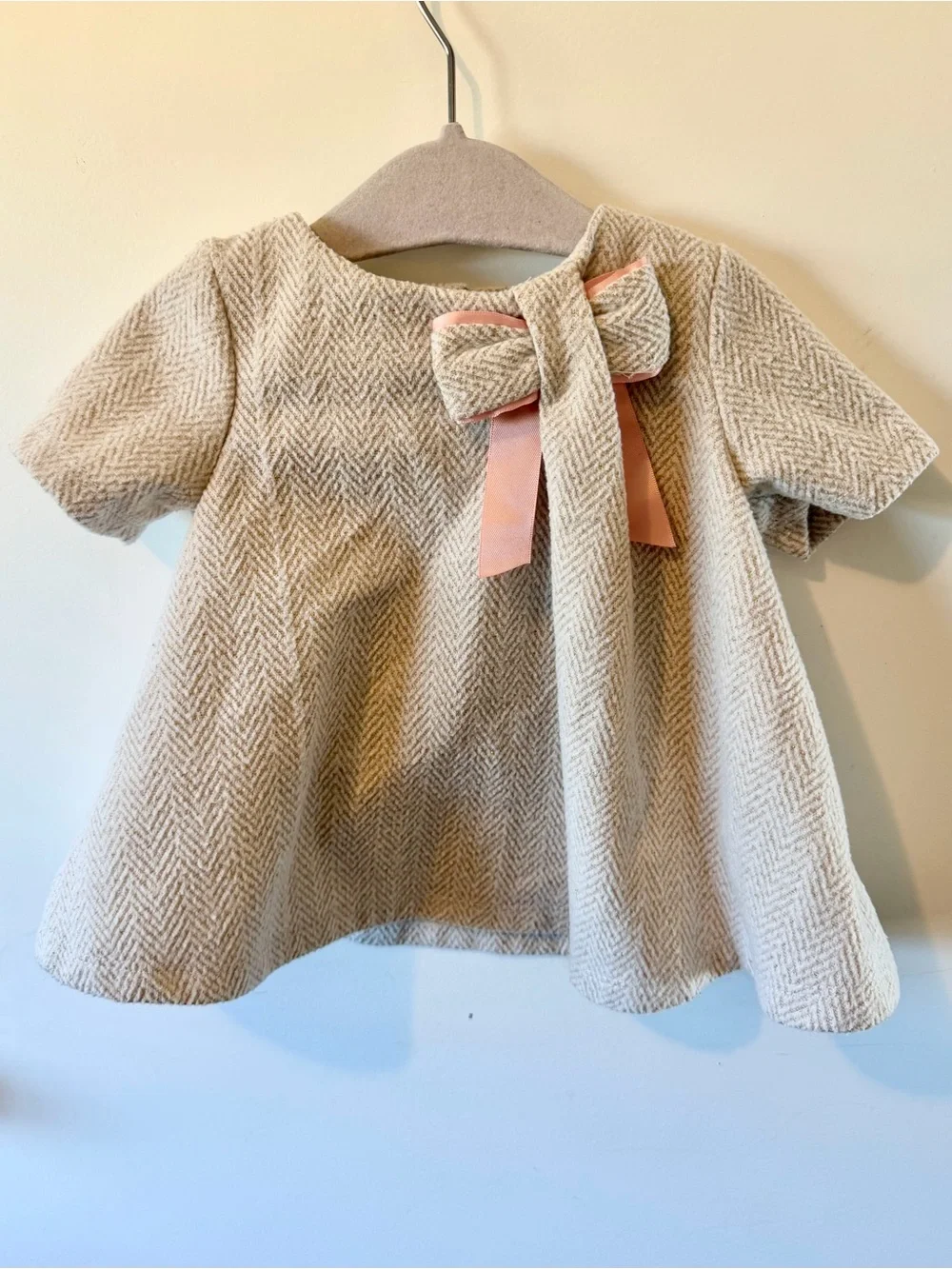 Cream & Gold Baby Dress with Pink Bow